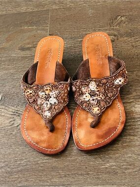 Mystique Boutique Brown Leather Beaded Thong Sandals